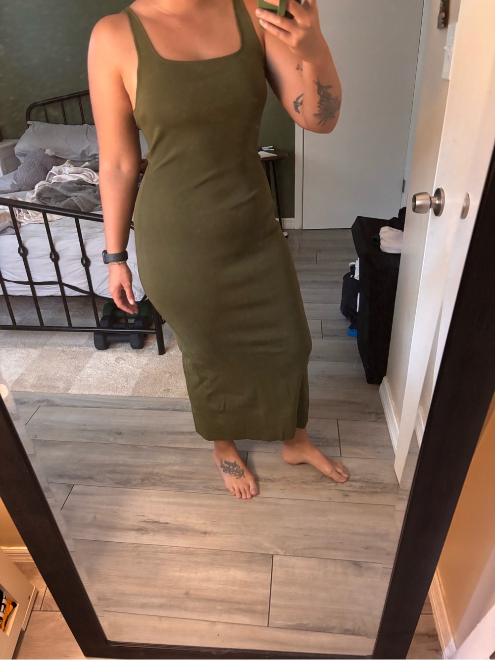Olive Green Square Neck Midi Dress